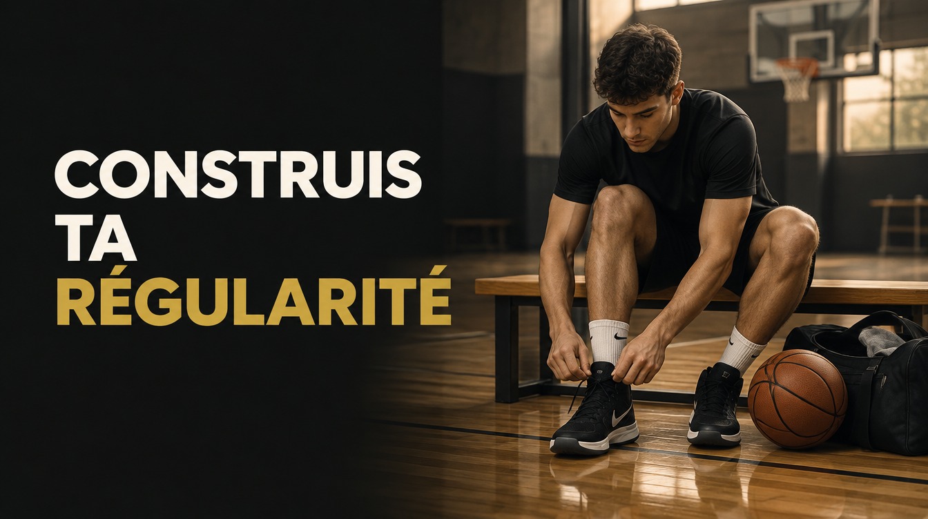Construis ta régularité Illustration d’un basketteur préparant ses chaussures près de son sac, avec le titre « Construis ta régularité ».