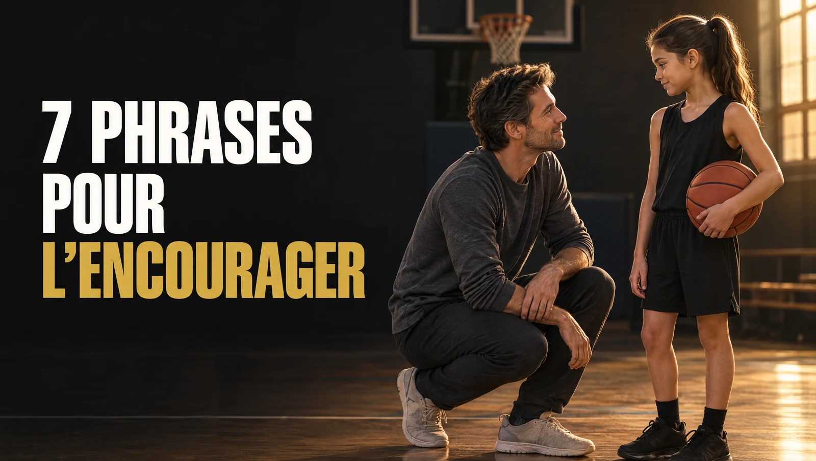 Sept phrases pour encourager son enfant — Worzy Human Light Illustration d’un père échangeant avec sa fille basketteuse, avec le titre « 7 phrases pour l’encourager ».